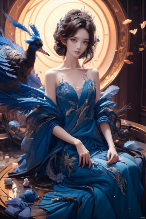  A majestic peacock princess in an indoor setting, under dim lighting with warm tones and play of light and shadow. The feathers are vibrant and detailed, reflecting her pride and confidence. The environment is mysterious, with decorations on the walls reflecting faint light, adding depth to the space. High quality image, full body shot, close up of the feathers, intricate details, sharp focus, dramatic lighting, warm tones, trending on ArtStation, trending on CGSociety, photorealistic painting art by Greg Rutkowski and Midjourney., jinchen, dress, Detail