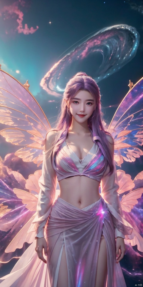  (Good structure), DSLR Quality,Depth of field,kind smile,looking_at_viewer,Dynamic pose, 1girl, wings, solo, nebula wings, , long hair, navel, dress, pink wings, looking at viewer, star \(sky\), , , bare shoulders, sky, starry sky, collarbone, realistic, nebula,,, , xuancaiqun, , yunxiao,purple_hair