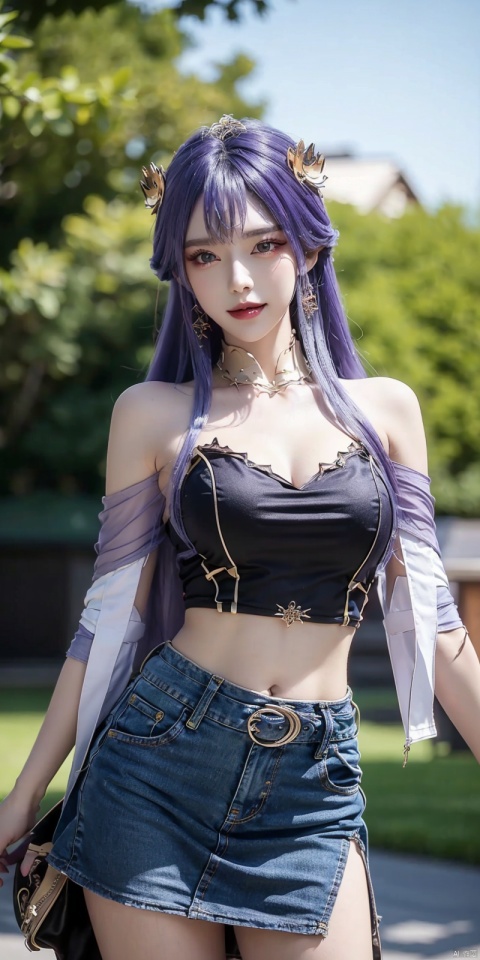  best quality, masterpiece, cowboy_shot,(Good structure), DSLR Quality,Depth of field,kind smile,looking_at_viewer,Dynamic pose,
 1girl, 3d, bare_shoulders, belt, blurry, blurry_background, blurry_foreground, branch, , , , collarbone, cosplay_photo, denim, denim_skirt, depth_of_field, , lips, long_hair, looking_at_viewer, midriff, miniskirt, motion_blur, navel, outdoors, photo_\(medium\), realistic, skirt, solo, standing, tree, , , , , , purple_hair, tianqiong