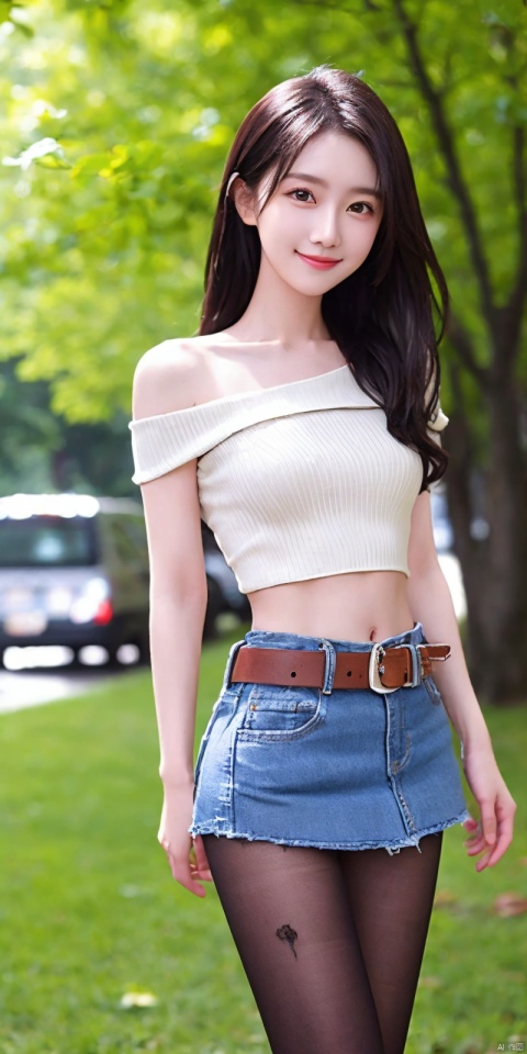  best quality, masterpiece, cowboy_shot,(Good structure), DSLR Quality,Depth of field,kind smile,looking_at_viewer,Dynamic pose,
 1girl, 3d, bare_shoulders, belt, blurry, blurry_background, blurry_foreground, branch, , , , collarbone, *******_photo, denim, denim_skirt, depth_of_field, , lips, long_hair, looking_at_viewer, midriff, miniskirt, motion_blur, navel, outdoors, photo_\(medium\), realistic, skirt, solo, standing, tree, , , , blackpantyhose, , , , , , lianmo