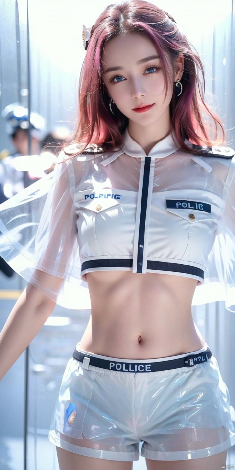  DSLR, (Good structure), ,High quality, masterpiece, 1Girl, Earstuds, blue eyes,Earstuds, blue eyes, black hair, (translucent white police uniform: 1.5), navel exposed, (translucent shorts: 1.3), thigh exposed, (supermodel pose),smile,(solo),（Different postures）,Pink hair,(Perfect hand lines),, 1 girl, ,, dililengba