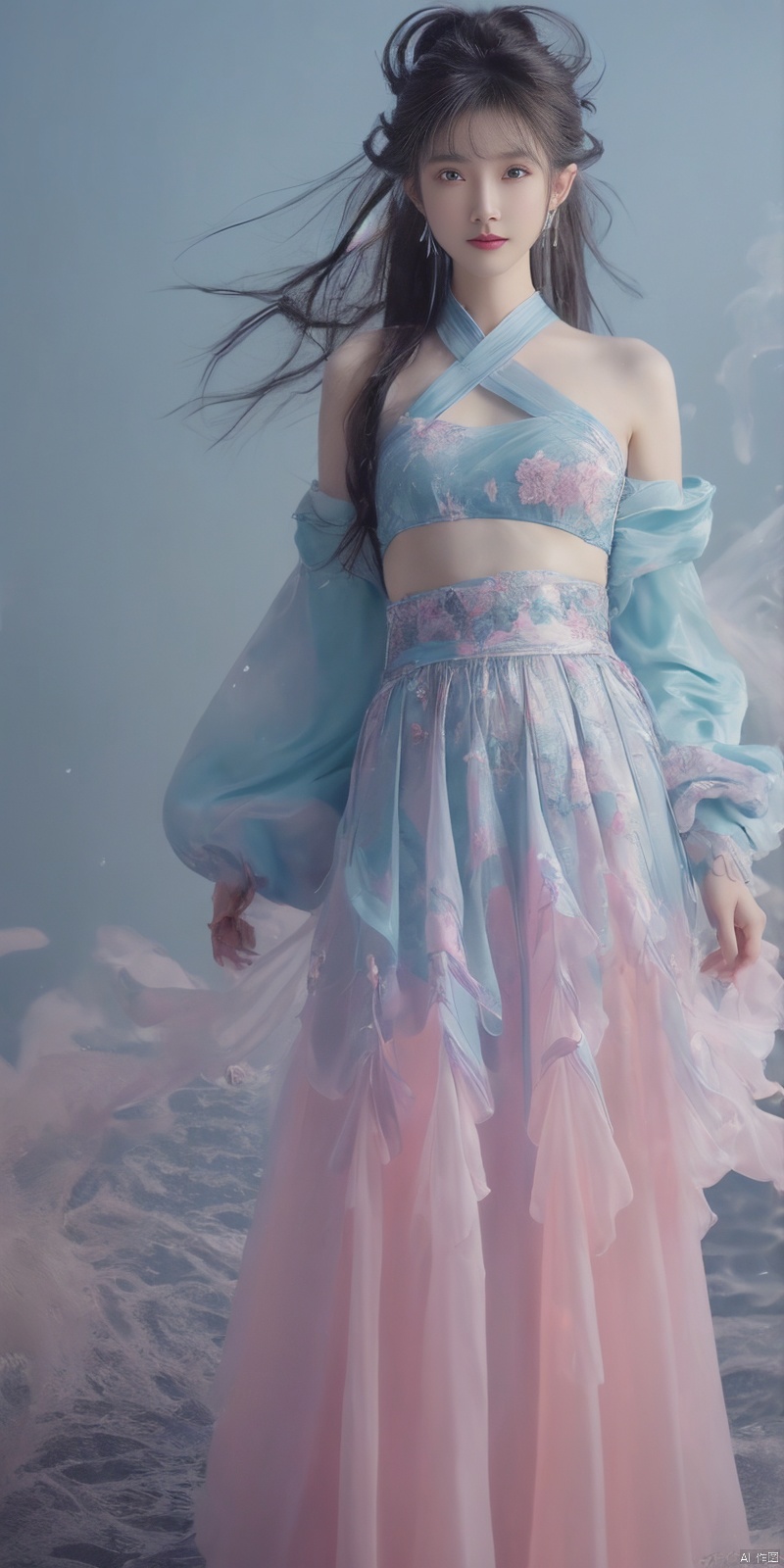  best quality, masterpiece, cowboy_shot,(Good structure), DSLR Quality,Depth of field,kind smile,looking_at_viewer,Dynamic pose, 
 Surrealism Dream Style,glowing neon color,RAW photo,at night,1girl,solo,sea,black hair,ponytail,looking at viewer,long hair,up,lips,sash,water splaashing,hair ornament,realistic,wide sleeves,hanfu,long dress,Semi transparent gauze skirt,surrealist,Best quality,masterpiece,ultra high res,Petal skirt,wind,flowers,bloom,Clouds,smoke,neon lights, 80sDBA style, 1 girl, , , wangyushan
