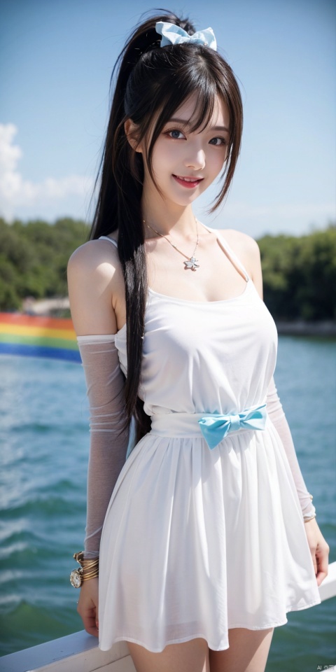  best quality, masterpiece, realistic, ,(Good structure), DSLR Quality,Depth of field,kind smile,looking_at_viewer,Dynamic pose, 
1girl, solo, long hair, breasts, looking at viewer, blush, , bangs, blue eyes,, dress, bow, , bare shoulders, jewelry, very long hair, collarbone, ponytail, white hair, hair bow, thighs, outdoors, sky, sleeveless, day, cloud, water, necklace, white dress, hair over one eye, bracelet, blue sky, blue bow, wading, pendant, doll, skirt hold, rainbow, anastasia \(fate\), ,  , linghua