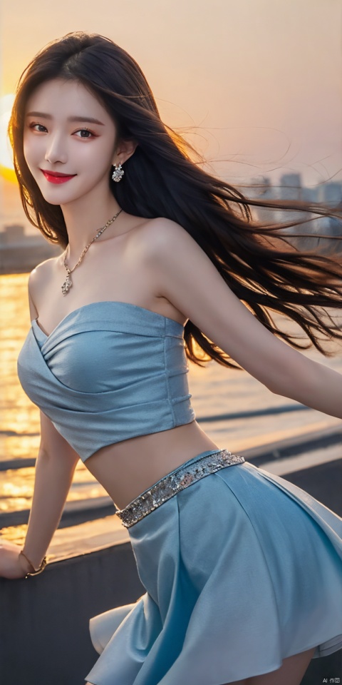  best quality, masterpiece, realistic,cowboy_shot,(Good structure), DSLR Quality,Depth of field,kind smile,looking_at_viewer,Dynamic pose, 
1girl, solo, long hair, , looking at viewer, skirt, hair ornament, bare shoulders, jewelry, , black hair, earrings, outdoors, midriff, water, necklace, lips, crop top, grey eyes, leaning forward, ocean, white skirt, strapless vest, sunset, sun, ,  , dress,blue dress, tianhu