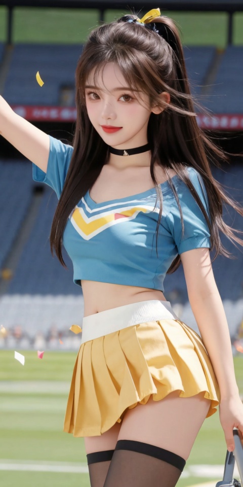 (Good structure), DSLR Quality,Depth of field,kind smile,looking_at_viewer,Dynamic pose, 
1girl, pom pom (cheerleading), stadium, breasts, cheerleader, holding pom poms, navel, skirt, brown hair, crop top, ahoge, confetti, cleavage, solo, , smile, looking at viewer, large breasts, DSLR, (Good structure), HDR, UHD, 8K, A real person,midriff, blurry, blurry background, choker, blush, brown eyes, open mouth, collarbone, outdoors, holding, pleated skirt, belt, short sleeves, shirt, bangs, shorts, miniskirt, shorts under skirt, blue shirt, long hair, white skirt, yellow belt, bike shorts under skirt, yangchaoyue, blackpantyhose