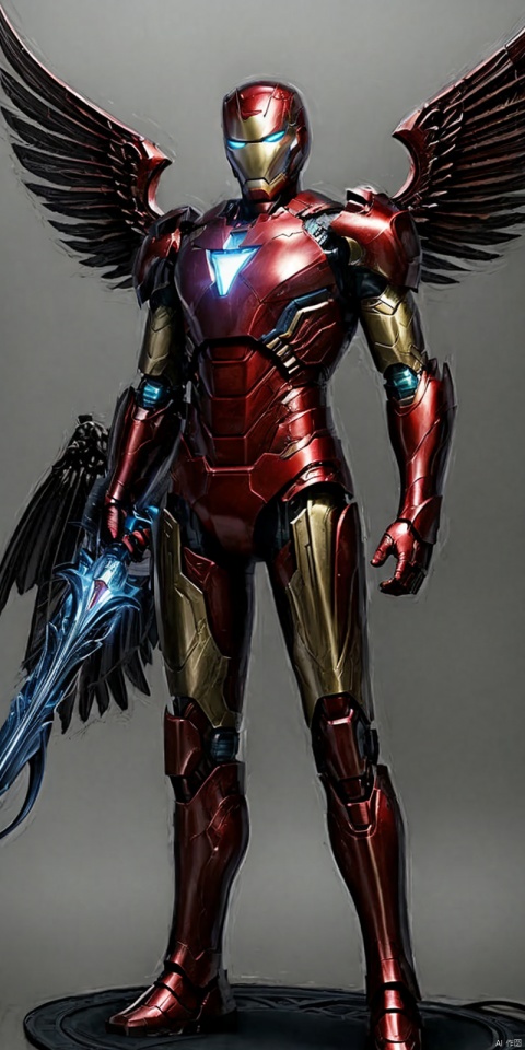 asuo,1boy, (best illumination, best shadow, extremely delicate and beautiful), (official art, beautiful and aesthetic:1.2), ,gangtiexia,,solo,standing,armor,power armor,glowing,male focus,superhero,weapon,wings, ((poakl)), 