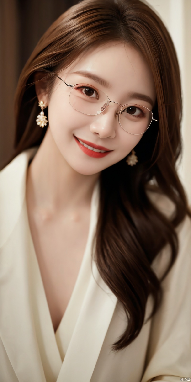  best quality, masterpiece, realistic,cowboy_shot,(Good structure), DSLR Quality,Depth of field,kind smile,looking_at_viewer,Dynamic pose, 
longni, 1girl, solo, glasses, long hair, looking at viewer, earrings, jewelry, lips, brown hair, blurry, realistic