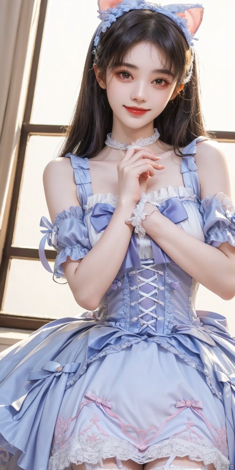  (Good structure), DSLR Quality,Depth of field,kind smile,looking_at_viewer,Dynamic pose, ,(wariza),,Girl, bare shoulders, , boobs, bow tie, ,purple eyes, cat ears, collar, ((Lolita Dress: 1.4)) , blue and white Lolita dress, wrinkled leg outfit, hand-held, lips, nose, shoulders, , alone, long_hair, kind smile, looking at the audience, white leg costume, wrist cuffs, 1girl,,looking_at_viewer, , lolidress , , jujingyi