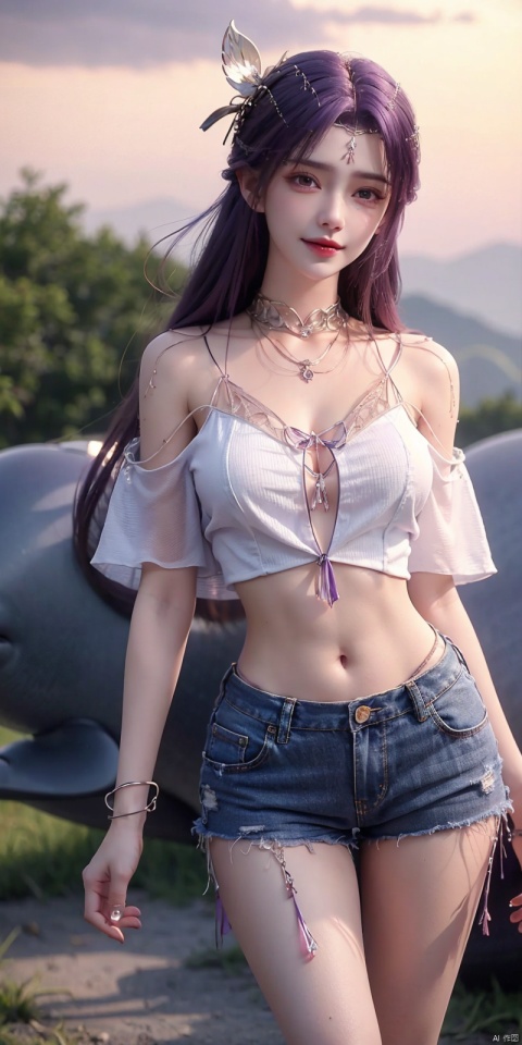  nai3, 1girl, shorts, solo, crop top, black shorts, choker, navel, shirt, midriff, crop top overhang, looking at viewer, white shirt, jewelry, breasts, cowboy shot, bare shoulders, short shorts, off-shoulder shirt, off shoulder, black choker, thighs, stomach, hand on own thigh, long hair, bracelet, short sleeves, ribbon, hand up, collarbone, hair ribbon, medium breasts, standing, high-waist shorts, dolphin shorts, bra strap, , hair ornament, thigh gap, necklace, expressionless, , , yunxi,purple hair,purple eyes,kind smile