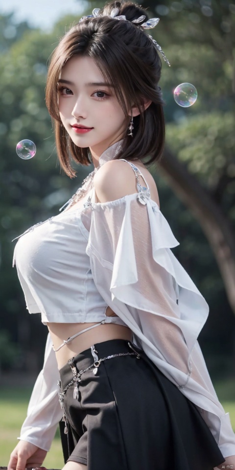  (Good structure),cowboy_shot, DSLR Quality,Depth of field ,looking_at_viewer,Dynamic pose, , kind smile,,
1girl, solo, breasts, looking at viewer, short hair, skirt, brown hair, bare shoulders, brown eyes, jewelry, standing, short sleeves, cowboy shot, parted lips, midriff, black skirt, necklace, from side, lips, crop top, bubble, luxueqi