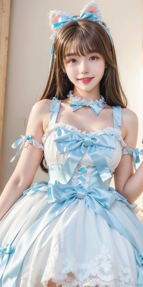  (Good structure), DSLR Quality,,,Girl, bare shoulders,  , boobs, bow tie, brown eyes, cat ears, collar, ((Lolita Dress: 1.4)) , blue and white Lolita dress, wrinkled leg outfit, hand-held, lips, nose, shoulders, , alone,  , kind smile, looking at the audience, white leg costume, wrist cuffs, 1girl,,looking_at_viewer, lolidress, ,brown hair, youna,short_hair