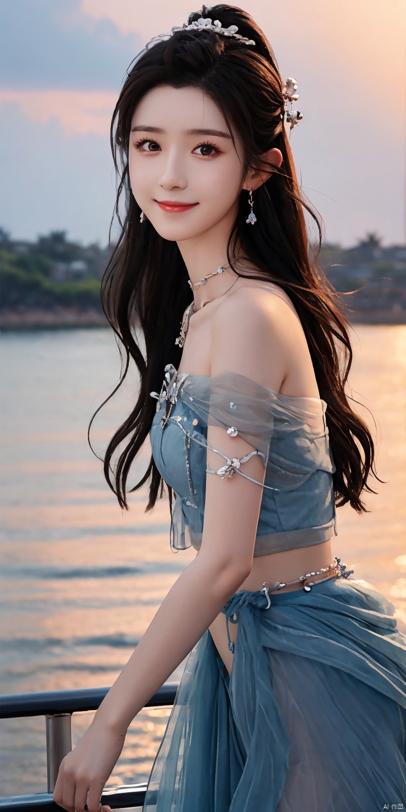  best quality, masterpiece, realistic,cowboy_shot,(Good structure), DSLR Quality,Depth of field,kind smile,looking_at_viewer,Dynamic pose, 
1girl, solo, long hair, , looking at viewer, skirt, hair ornament, bare shoulders, jewelry, , black hair, earrings, outdoors, midriff, water, necklace, lips, crop top, grey eyes, leaning forward, ocean, white skirt, strapless vest, sunset, sun, ,  , dress,blue dress, , hanikezi