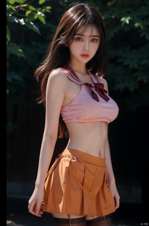  1girl, Autumn, fallen leaves, orange and red tone color,,
 pretty face, (photo realistic: 1.3) , Edge lighting, (high-detail skin) , 8K ultra-hd, DSLR, high quality, high resolution,(photo realistic: 1.3) 
,large breasts, (boobs naked:0.8), ,sailor senshi uniform,pink bow,pink necktie,pink sailor collar,pinkskirt,black pantyhose, light master, Detail, guanzhilin