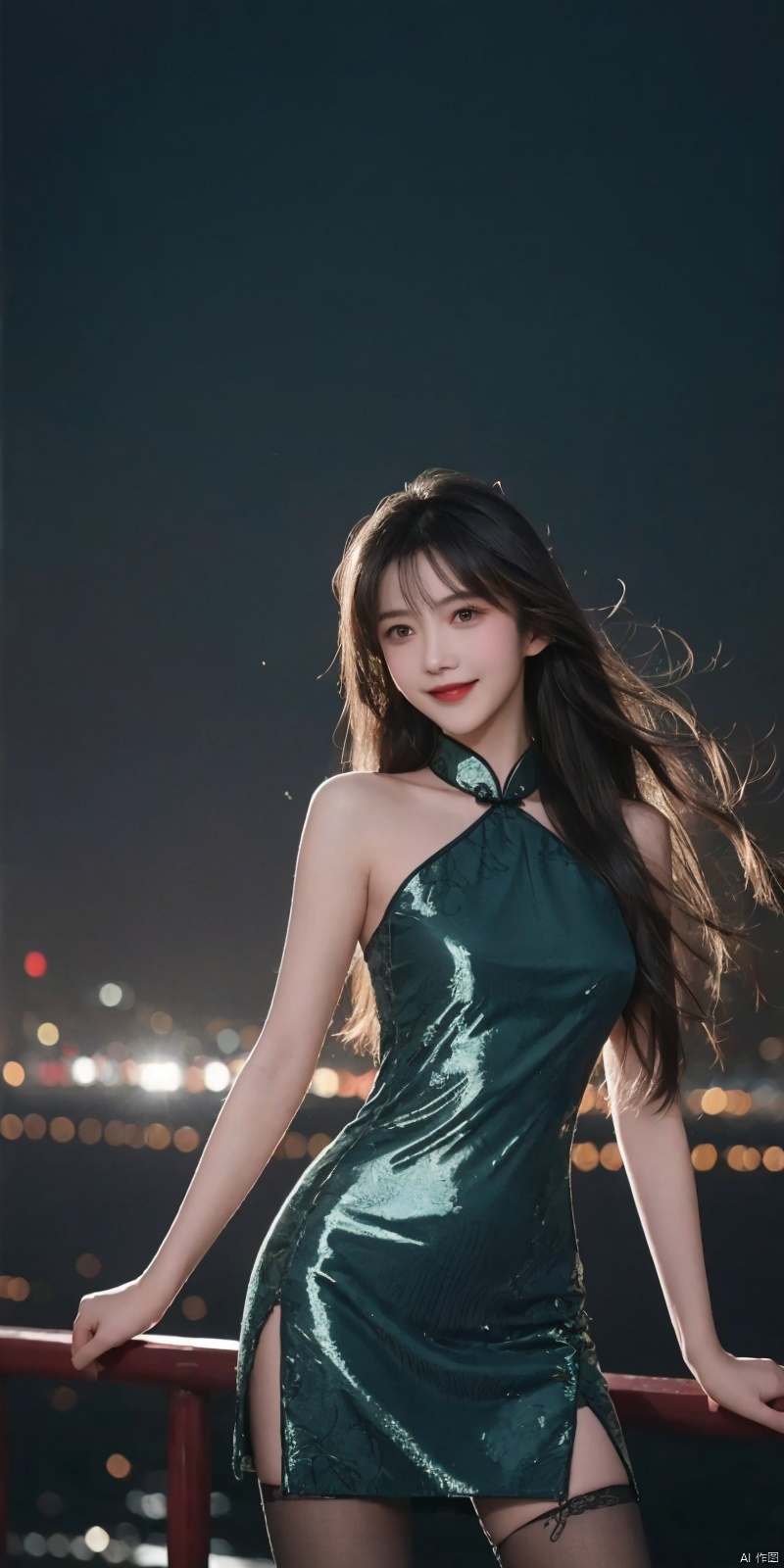  best quality, masterpiece, cowboy_shot,(Good structure), DSLR Quality,Depth of field,kind smile,looking_at_viewer,Dynamic pose, 
,,, (high definition: 1.0), (HD: 1.0), , (ultra resolution: 1.0), (4K: 1.0), (photorealistic: 1.0), (realistic: 1.0), , (professional photography: 1.0), (DSLR quality: 1.0), , (detailed: 1.0), (sharp focus: 1.0), , (masterpiece: 1.2), (epic shot: 1.2),
 Cinematic, , Natural lighting, , solo, 1girl,Wind, flowing hair, kind smile, , pose for picture, Dynamic pose, looking_at_viewer,
A young model in Chinese dress poses with her arms leisurely, in front of divine light with silhouette light illuminating the edges of the long curly hair, snowflake, outdoors,
Excellent skin texture, gaze deeply, cheerful atmosphere, in the style of eye-catching resin jewelry, matte photo, minimalist beauty, meticulous linework precision, The background is a bustling city,High resolution,8K, neo-chinese style, huayu, 1girl,police,thighhighs, , , , Detail, china dress, blackpantyhose, , dress, , , ,qingyi, sufei