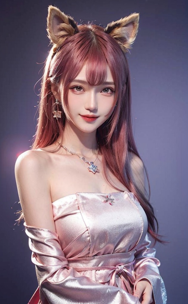  bachongshenzi, 1girl, , solo, (pink hair, purple eyes), long hair, looking at viewer, hair between eyes, jewelry, animal ears, japanese clothes, fox ears, upper body, breasts, bare shoulders, bangs, detached sleeves, earrings, closed mouth, simple background, smile, hair ornament, futuaner
