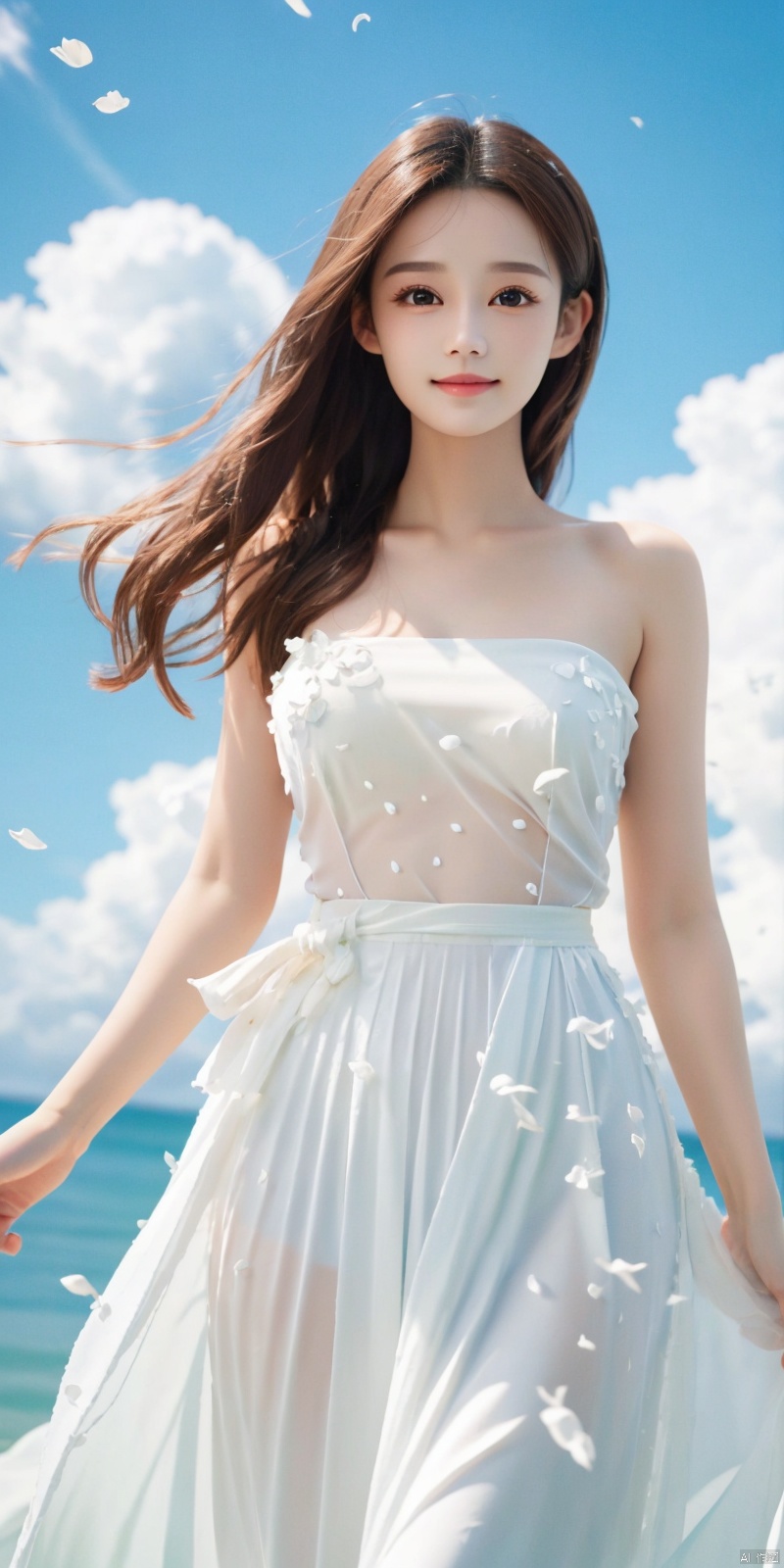  DSLR, depth of field, (1girl:1.2), , very long hair, low twintails, yellow eyes, light smile, looking at viewer, white shirt, white skirt, (flying white chiffon:1.5), bare shoulder, (flying blue petals:1.2), (standing above water surface), sky background, (cloud:1.2), white bird, floating water drops, (white border:1.2) , 
backlight, , jujingyi, taoist robe, ll-hd,(((large breasts)), depth of field,,  ((poakl)), litongqin