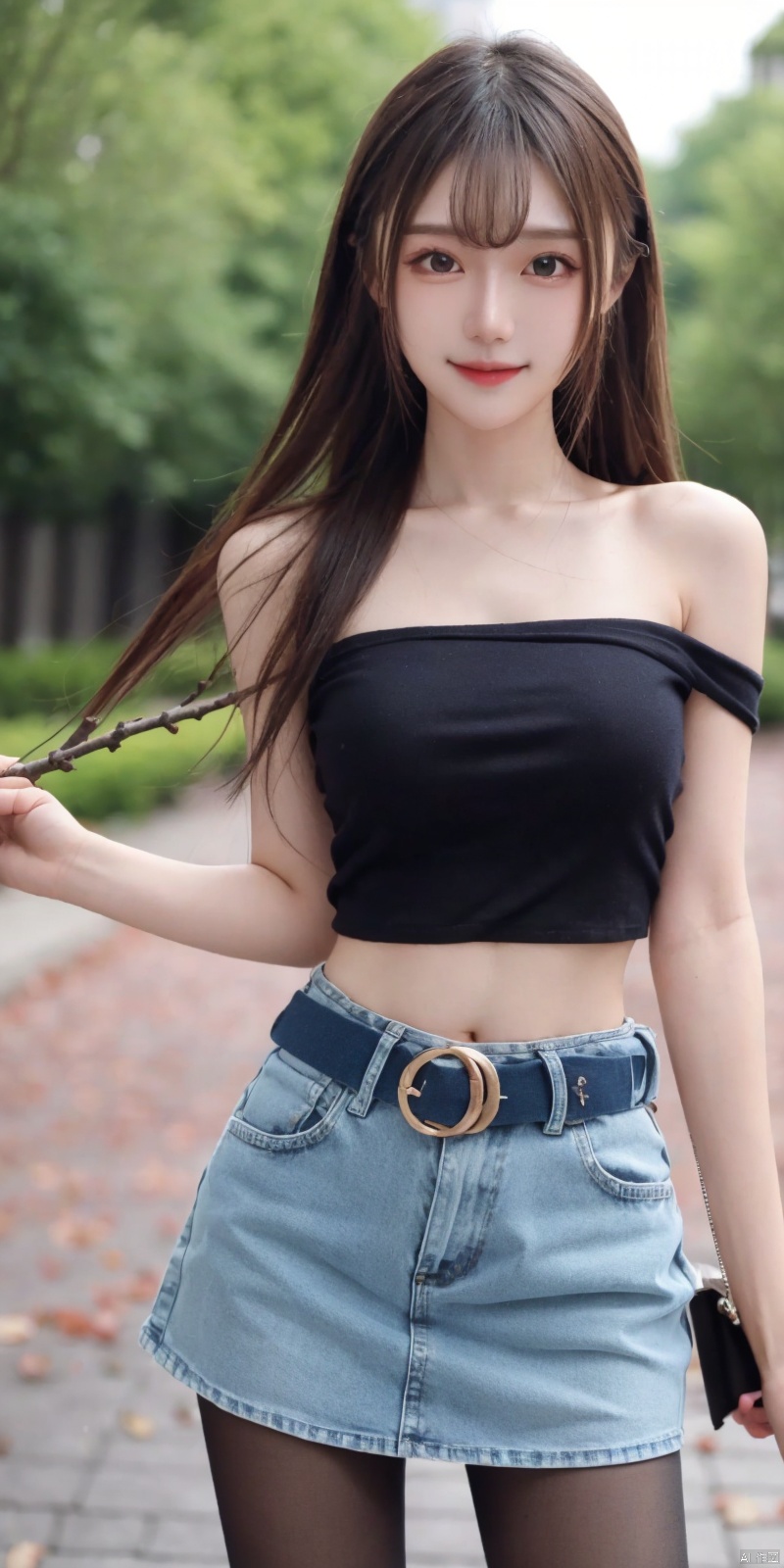  best quality, masterpiece, cowboy_shot,(Good structure), DSLR Quality,Depth of field,kind smile,looking_at_viewer,Dynamic pose,
 1girl, 3d, bare_shoulders, belt, blurry, blurry_background, blurry_foreground, branch, , , , collarbone, cosplay_photo, denim, denim_skirt, depth_of_field, , lips, long_hair, looking_at_viewer, midriff, miniskirt, motion_blur, navel, outdoors, photo_\(medium\), realistic, skirt, solo, standing, tree, , , , blackpantyhose, , , , , futuaner