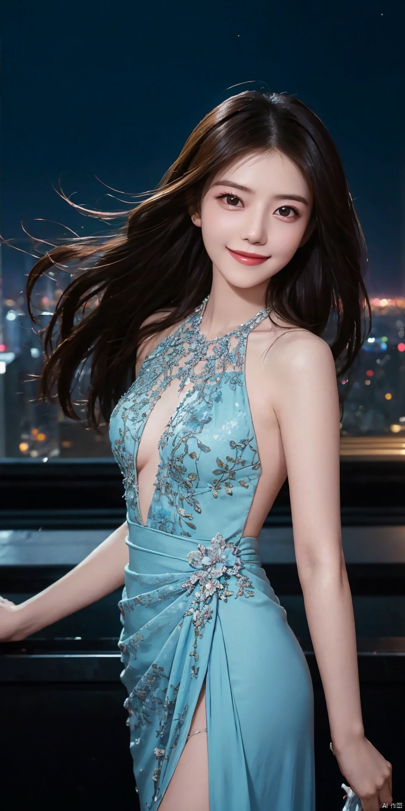  best quality, masterpiece, cowboy_shot,(Good structure), DSLR Quality,Depth of field,kind smile,looking_at_viewer,Dynamic pose, 
 （Front focus）,（in the darkness nigth：1.6）,Surrealist portraits ofwomenbyDavidHockneyandAlphonseMucha,Fantasyart,photographrealistic,动态照明,artstation,sportrait,daysies,depthoffields,独奏, 
（（tmasterpiece））Volumetriclighting,Very detailed faces,4 k,Award-Awarded, , 
,
neonpunk style Neon noir leogirl,hANMEIMEI,realistic photography,,On the rooftop of a towering skyscraper,a girl stands,facing the camera directly. Behind her,a multitude of skyscrapers stretches into the distance,creating a breathtaking urban panorama. It's the perfect dusk moment,with the evening sun casting a warm glow on the girl's face,intensifying the scene's impact. The photo captures a sense of awe,with the sharpness and realism making every detail vivid and clear,Hair fluttered in the wind,long hair,halterneck, . cyberpunk, vaporwave, neon, vibes, vibrant, stunningly beautiful, crisp, detailed, sleek, ultramodern, magenta highlights, dark purple shadows, high contrast, cinematic, ultra detailed, intricate, professional, ((poakl)), Light master,, ,, , dress,blue dress, 1girl,kind smile, , yuanyuan, wanglin, aimeibo