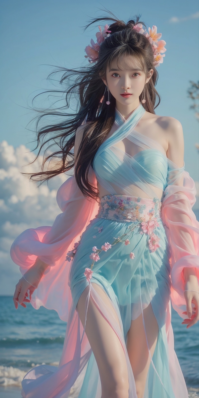  best quality, masterpiece, cowboy_shot,(Good structure), DSLR Quality,Depth of field,kind smile,looking_at_viewer,Dynamic pose, 
 Surrealism Dream Style,glowing neon color,RAW photo,at night,1girl,solo,sea,black hair,ponytail,looking at viewer,long hair,up,lips,sash,water splaashing,hair ornament,realistic,wide sleeves,hanfu,long dress,Semi transparent gauze skirt,surrealist,Best quality,masterpiece,ultra high res,Petal skirt,wind,flowers,bloom,Clouds,smoke,neon lights, 80sDBA style, 1 girl, , , wangyushan