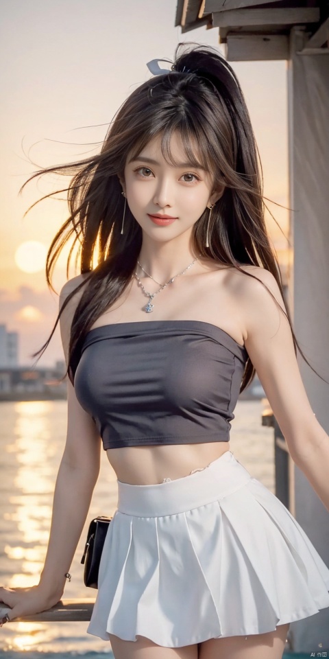  (Good structure),cowboy_shot, DSLR Quality,Depth of field ,looking_at_viewer,Dynamic pose, , kind smile,,
1girl, solo, long hair, , looking at viewer, skirt, hair ornament, bare shoulders, jewelry, , black hair, earrings, outdoors, midriff, water, necklace, lips, crop top, grey eyes, leaning forward, ocean, white skirt, strapless vest, sunset, sun, wangyushan