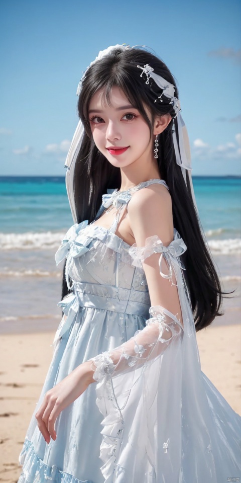  (Good structure), DSLR Quality,Depth of field,kind smile,looking_at_viewer,Dynamic pose, ,(wariza),,Girl, bare shoulders, , boobs, bow tie ,black eyes, collar, Blue sky, white clouds, beaches, seawater, crystal stones,((Lolita Dress: 1.4)) , blue and white Lolita dress, wrinkled leg outfit, hand-held, lips, nose, shoulders, , alone, long_hair, kind smile, looking at the audience, white leg costume, wrist cuffs, 1girl,,looking_at_viewer, , lolidress, qingyi,dress