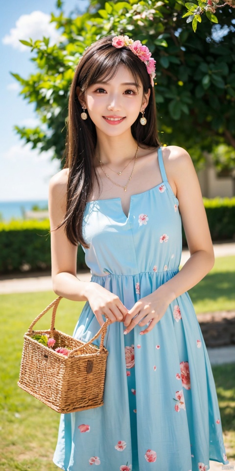  best quality, masterpiece, realistic, ,(Good structure), DSLR Quality,Depth of field,kind smile,looking_at_viewer,Dynamic pose, 
1girl, solo, long hair, , looking at viewer, , , bangs, brown hair, , dress, holding, , bare shoulders, brown eyes, jewelry, standing, collarbone, flower, earrings, outdoors, sky, sleeveless, day, cloud, hand up, necklace, blue sky,, petals, sleeveless dress, floral print, pink flower, green dress,, hand on headwear, basket, sundress, yellow dress, print dress, holding basket, , tifa