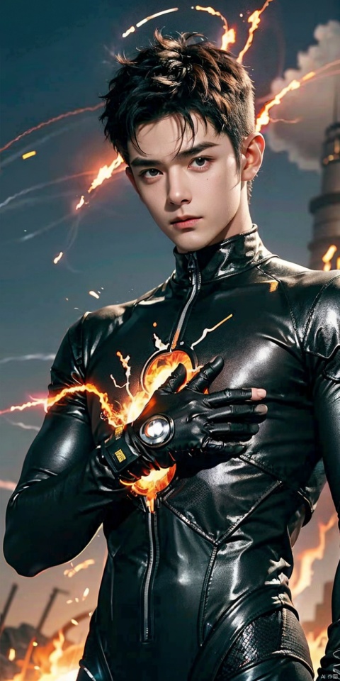  asuo,1boy,male focus,solo,bodysuit,looking at viewer,white background,wind,fire,electricity,black hair,glowing,black bodysuit,clenched hands,spiked hair,standing,simple background,short hair,gloves, cyborg, ((poakl)), Light master, Detail