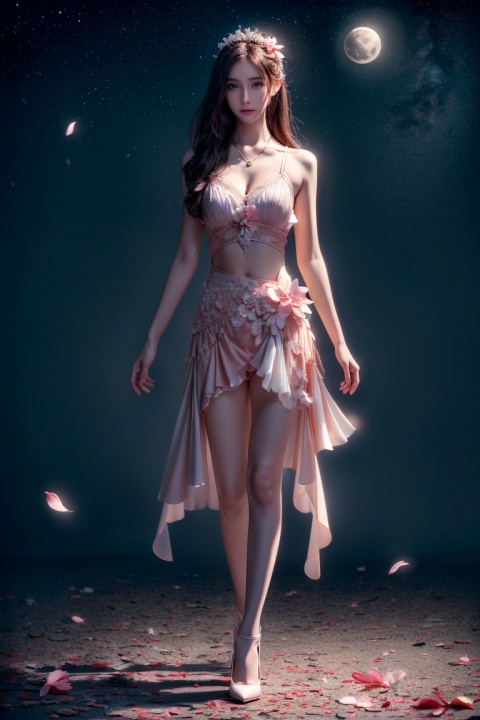 1girl, (masterpiece, best quality, official art, beautiful and aesthetic:1.2), unity 8k wallpaper, (photorealistic:1.4), extreme detailed, colorful, full_body, flower blooming, floating petals, light effects, flower garden, starry sky, moon, emblem,,sunyunzhu,jingling