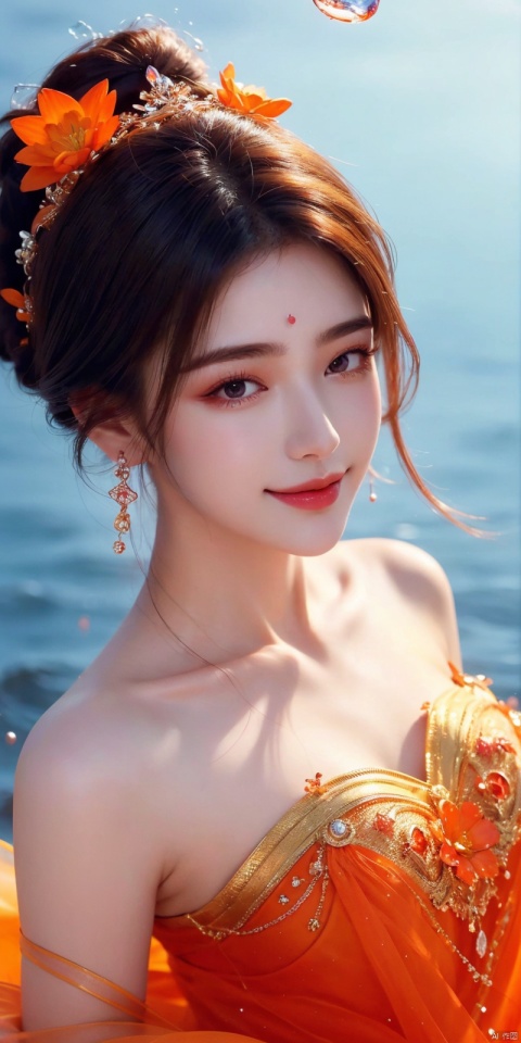 best quality, masterpiece, realistic,full_body,(Good structure), DSLR Quality,Depth of field,kind smile,looking_at_viewer,Dynamic pose, 
 1 girl,(orange light effect),hair ornament,jewelry,looking at viewer,flower,floating hair,water,underwater,air bubble,submerged, yuechan, 