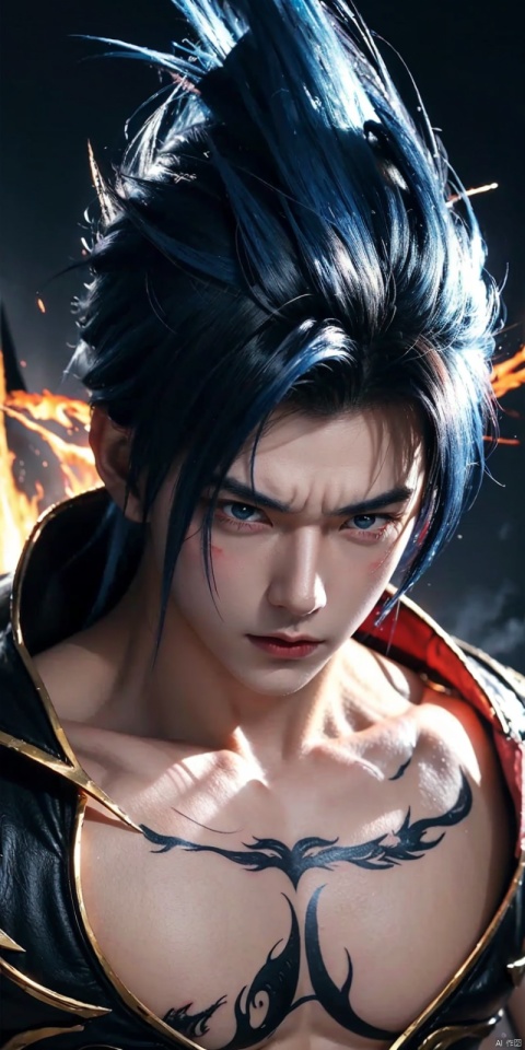  Get ready for a visual feast with Gohan having a handsome face and piercing red eyes, Brilliant blue hair and tattoos, Balanced character portraits and landscapes, and a perfect body. In his transformed state, He radiates extreme instinct and strength, Create an epic anime about this energy man. Fire and lava in stunning anime artwork will leave you in awe. This conceptual art is directly from the Universe, With manga-style 8K wallpapers that will take you to another dimension. Get ready to be amazed by this detailed digital anime artwork, Show the ultimate combination of style and strength., asuo,1boy, 