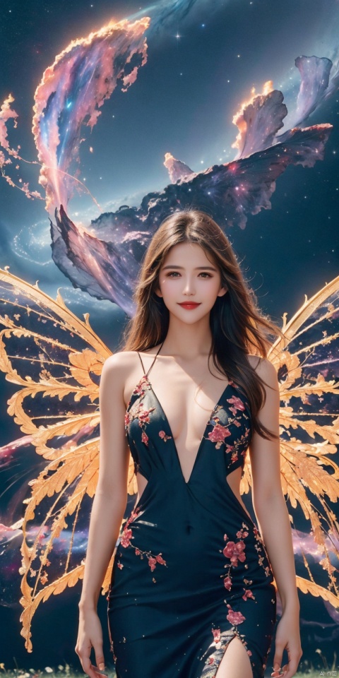 best quality, masterpiece, cowboy_shot,(Good structure), DSLR Quality,Depth of field,kind smile,looking_at_viewer,Dynamic pose, , 1girl, wings, solo, nebula wings, , long hair, navel, dress, pink wings, looking at viewer, star \(sky\), , , bare shoulders, sky, starry sky, collarbone, realistic, nebula,,,,, xuancaiqun, sufei