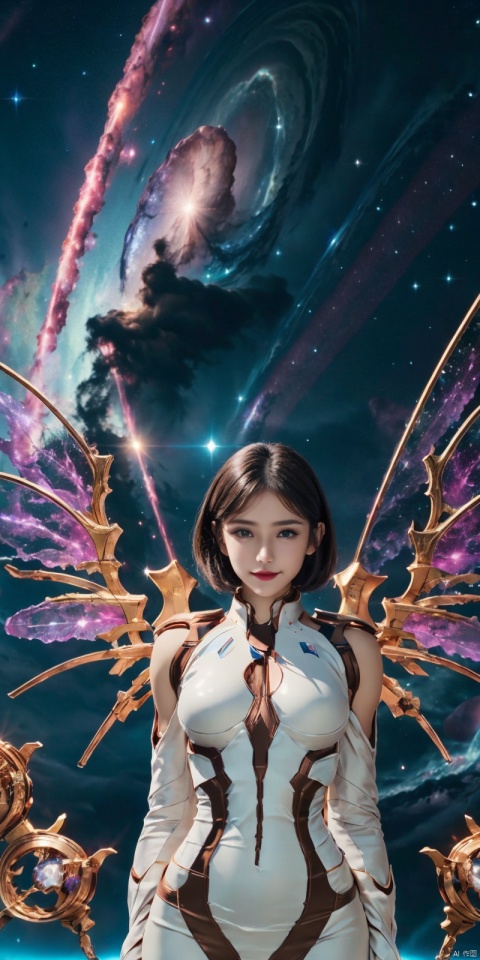  (Good structure), DSLR Quality,Depth of field,kind smile,looking_at_viewer,Dynamic pose, 1girl, wings, solo, nebula wings, , , navel, dress, pink wings, looking at viewer, star \(sky\), , , bare shoulders, sky, starry sky, collarbone, realistic, nebula, ((poakl)), short_hair, jiqing