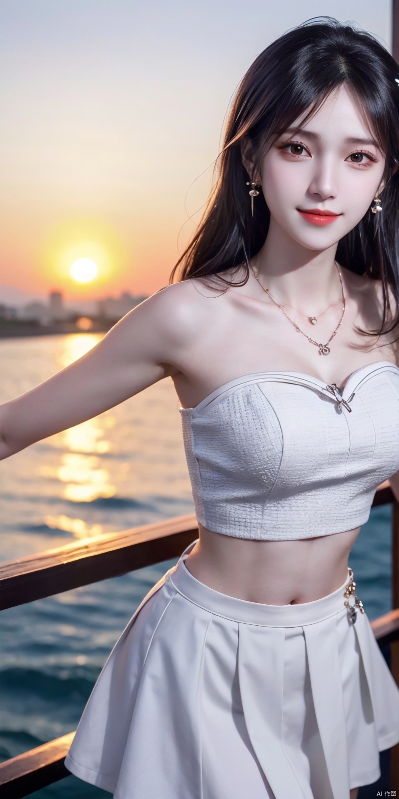  (Good structure),cowboy_shot, DSLR Quality,Depth of field ,looking_at_viewer,Dynamic pose, , kind smile,,
1girl, solo, long hair, , looking at viewer, skirt, hair ornament, bare shoulders, jewelry, , black hair, earrings, outdoors, midriff, water, necklace, lips, crop top, grey eyes, leaning forward, ocean, white skirt, strapless vest, sunset, sun, ,  , xuxin