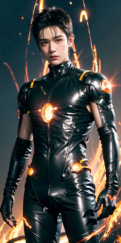  asuo,1boy,male focus,solo,bodysuit,looking at viewer,white background,wind,fire,electricity,black hair,glowing,black bodysuit,clenched hands,spiked hair,standing,simple background,short hair,gloves, cyborg, ((poakl)), Light master, Detail