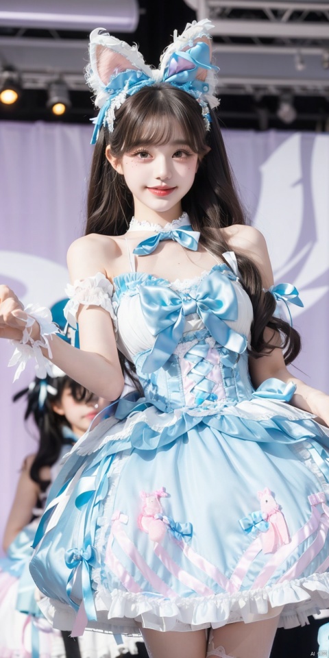  (Good structure), DSLR Quality,Depth of field,kind smile,looking_at_viewer,Dynamic pose, ,(wariza),,Girl, bare shoulders, , boobs, bow tie, ,purple eyes, cat ears, collar, ((Lolita Dress: 1.4)) , blue and white Lolita dress, wrinkled leg outfit, hand-held, lips, nose, shoulders, , alone, long_hair, kind smile, looking at the audience, white leg costume, wrist cuffs, 1girl,,looking_at_viewer, , lolidress , zhangyuanying