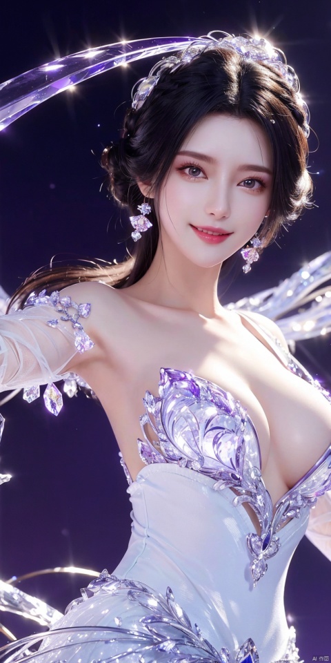  best quality, masterpiece, (Good structure),cowboy_shot, DSLR Quality,Depth of field ,looking_at_viewer,Dynamic pose, , kind smile,
1 girl,(Purple light effect),hair ornament,jewelry,looking at viewer, , dofas,(ultra-detailed crystallization),transparent crystals, , , , , , jiangli, 