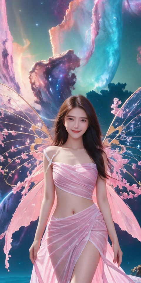  (Good structure), DSLR Quality,Depth of field,kind smile,looking_at_viewer,Dynamic pose, 1girl, wings, solo, nebula wings, , long hair, navel, dress, pink wings, looking at viewer, star \(sky\), , , bare shoulders, sky, starry sky, collarbone, realistic, nebula,,, , xuancaiqun, , , yuanyuan
