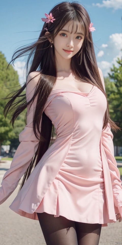  best quality, masterpiece, realistic,cowboy_shot,(Good structure), DSLR Quality,Depth of field,kind smile,looking_at_viewer,Dynamic pose, 
1girl, solo, long hair, breasts, looking at viewer, blush, bangs, blue eyes, hair ornament, gloves, sheath dress, hair between eyes, medium breasts, very long hair, standing,  flower,, , outdoors,  sky, day, pointy ears, , cloud, hair flower,  blue sky, pink flower, wangyushan, blackpantyhose
