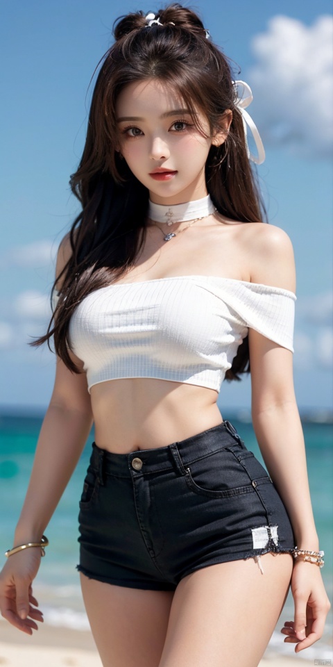  cowboy shot, Blue sky, white clouds, ocean,nai3, 1girl, shorts, solo, crop top, black shorts, choker, navel, shirt, midriff, crop top overhang, looking at viewer, white shirt, jewelry, breasts, bare shoulders, short shorts, off-shoulder shirt, off shoulder, black choker, thighs, stomach, hand on own thigh, long hair, bracelet, short sleeves, ribbon, hand up, collarbone, hair ribbon, medium breasts, standing, high-waist shorts, dolphin shorts, bra strap, , hair ornament, thigh gap, necklace, expressionless, , ,kind smile, yangchaoyue