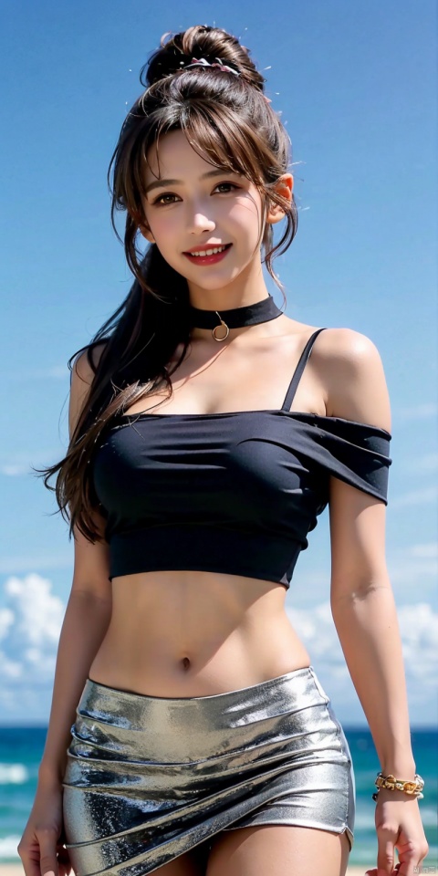 upper_body,(Good structure),, Blue sky,  skirt,white clouds, ocean,nai3, 1girl, , solo, crop top, choker, navel, , midriff, crop top overhang, looking at viewer, , jewelry, breasts, bare shoulders, , off-shoulder shirt, off shoulder, black choker, thighs, stomach, , long hair, bracelet, short sleeves, ribbon, , collarbone, hair ribbon, medium breasts, ,, , hair ornament, thigh gap, necklace, , ,kind smile, , , hanyue, high ponytail, purple hair,Dynamic pose, sufei