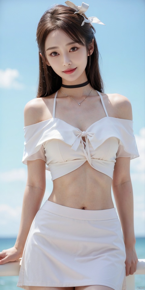  cowboy_shot,(Good structure), DSLR Quality,Short skirt,Blue sky, white clouds, ocean, nai3, 1girl, solo, crop top, , choker, navel, shirt, midriff, crop top overhang, looking at viewer, white shirt, jewelry, breasts, bare shoulders, off-shoulder shirt, off shoulder, black choker, thighs, stomach, long hair, bracelet, short sleeves, ribbon, hand up, collarbone, hair ribbon, medium breasts, , bra strap, , hair ornament, thigh gap, necklace, expressionless, , ,kind smile, , , lichun