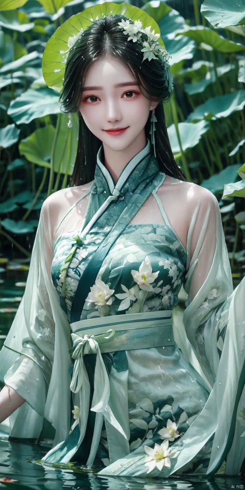  (Good structure), DSLR Quality,Depth of field,kind smile,looking_at_viewer,Dynamic pose,,
A girl, lying in the water, in a green pool, covered with lotus leaves, dressed in gauze-like Hanfu,hedress,Smile, wet clothes,Wet hair, liushen, chinese dress