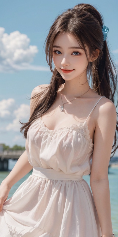  best quality, masterpiece, realistic, ,(Good structure), DSLR Quality,Depth of field,kind smile,looking_at_viewer,Dynamic pose, 
1girl, solo, long hair, breasts, looking at viewer, blush, , bangs, blue eyes,, dress, bow, , bare shoulders, jewelry, very long hair, collarbone, ponytail, white hair, hair bow, thighs, outdoors, sky, sleeveless, day, cloud, water, necklace, white dress, hair over one eye, bracelet, blue sky, blue bow, wading, pendant, doll, skirt hold, rainbow, anastasia \(fate\), eluosi