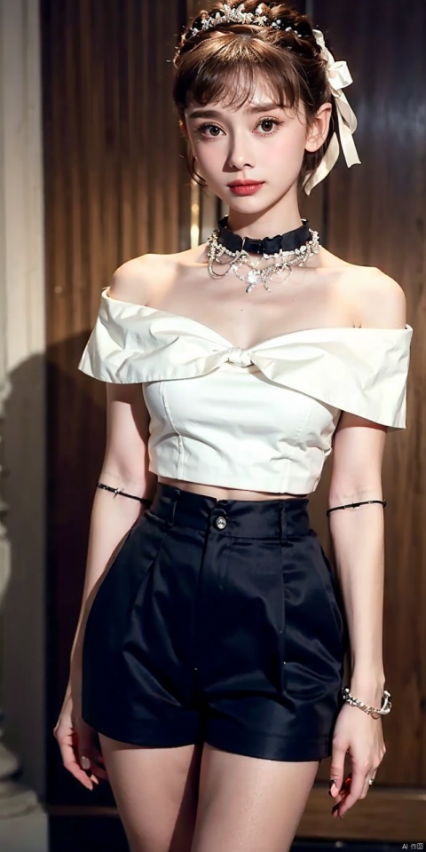  nai3, 1girl, shorts, solo, crop top, black shorts, choker, navel, shirt, midriff, crop top overhang, looking at viewer, white shirt, jewelry, breasts, cowboy shot, bare shoulders, short shorts, off-shoulder shirt, off shoulder, black choker, thighs, stomach, hand on own thigh, long hair, bracelet, short sleeves, ribbon, hand up, collarbone, hair ribbon, medium breasts, standing, high-waist shorts, dolphin shorts, bra strap, closed mouth, hair ornament, thigh gap, bangs, necklace, expressionless,, heben,brown-hair