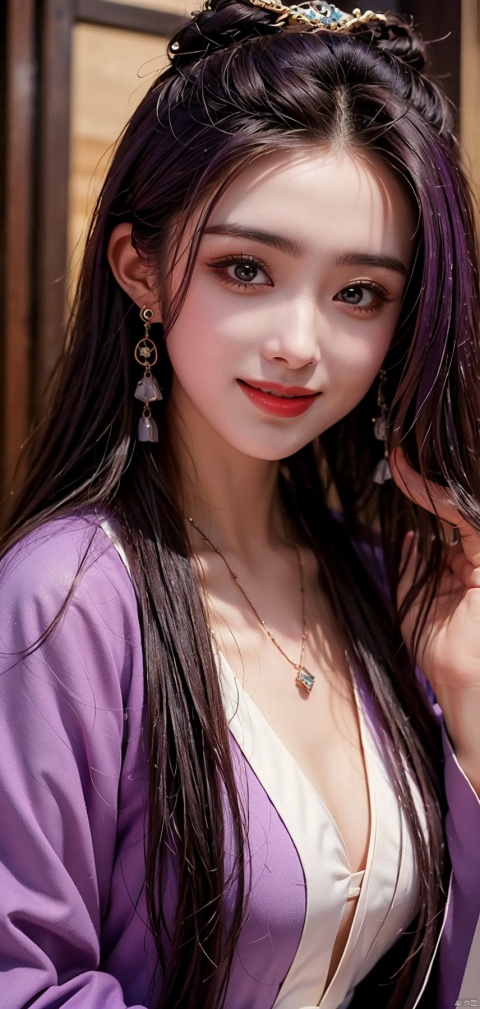  best quality, masterpiece,cowboy shot,(Good structure), DSLR Quality,Depth of field,kind smile,looking_at_viewer,Dynamic pose,,
zhangmin, 1girl, realistic, solo, earrings, purple hair, jewelry, long hair, purple eyes