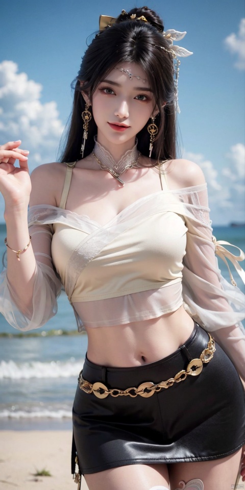 best quality, masterpiece, realistic,cowboy_shot,(Good structure), DSLR Quality,Depth of field,kind smile,looking_at_viewer,Dynamic pose, 
,Short skirt,Blue sky, white clouds, ocean, nai3, 1girl, solo, crop top, , choker, navel, shirt, midriff, crop top overhang, looking at viewer, white shirt, jewelry, breasts, bare shoulders, off-shoulder shirt, off shoulder, black choker, thighs, stomach, long hair, bracelet, short sleeves, ribbon, hand up, collarbone, hair ribbon, medium breasts, , bra strap, , hair ornament, thigh gap, necklace, expressionless, , ,kind smile, , , , jinpinger