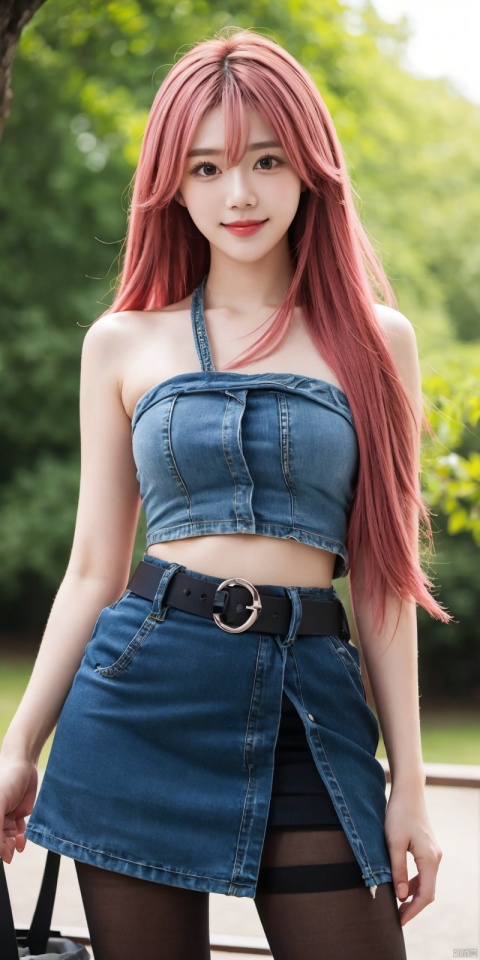  best quality, masterpiece, cowboy_shot,(Good structure), DSLR Quality,Depth of field,kind smile,looking_at_viewer,Dynamic pose,
 1girl, 3d, bare_shoulders, belt, blurry, blurry_background, blurry_foreground, branch, , , , collarbone, cosplay_photo, denim, denim_skirt, depth_of_field, , lips, long_hair, looking_at_viewer, midriff, miniskirt, motion_blur, navel, outdoors, photo_\(medium\), realistic, skirt, solo, standing, tree, , , , blackpantyhose, , yae miko,pink hair
