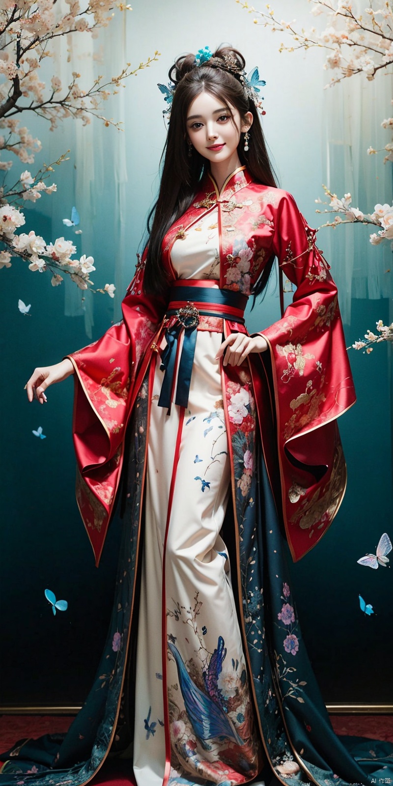  best quality, masterpiece, cowboy_shot,(Good structure), DSLR Quality,Depth of field,kind smile,looking_at_viewer,Dynamic pose, line art,line style,as style,best quality,masterpiece, The image features a beautiful anime-style illustration of a young woman. She has long black hair and is dressed in a traditional Chinese outfit. The outfit consists of a white top with blue and purple accents, a long skirt, and a butterfly-shaped mirror in her hand. She stands against a backdrop of a clear blue sky and a body of water, with butterflies fluttering around her. AI painting pure tag structure: anime, art, illustration, traditional clothes, blue, white, long hair, black hair, butterfly, mirror, sky, water,  , nazha, chineseclothes