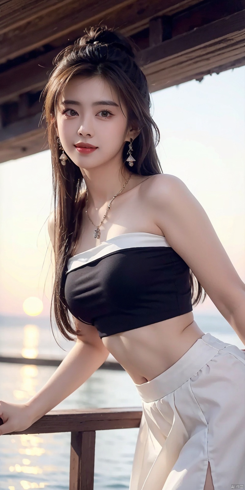  (Good structure),cowboy_shot, DSLR Quality,Depth of field ,looking_at_viewer,Dynamic pose, , kind smile,,
1girl, solo, long hair, , looking at viewer, skirt, hair ornament, bare shoulders, jewelry, , black hair, earrings, outdoors, midriff, water, necklace, lips, crop top, grey eyes, leaning forward, ocean, white skirt, strapless vest, sunset, sun, wangzuxian, molika