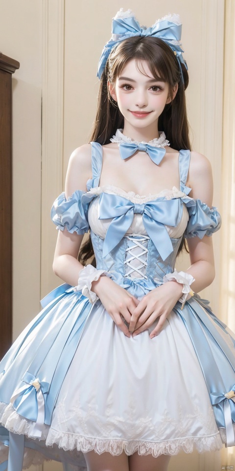  (Good structure), DSLR Quality,Depth of field,kind smile,looking_at_viewer,Dynamic pose, ,(wariza),,Girl, bare shoulders, blue hair, boobs, bow tie, brown eyes, cat ears, collar, ((Lolita Dress: 1.4)) , blue and white Lolita dress, wrinkled leg outfit, hand-held, lips, nose, shoulders, , alone, long_hair, kind smile, looking at the audience, white leg costume, wrist cuffs, 1girl,,looking_at_viewer, , lolidress, ,,    anni